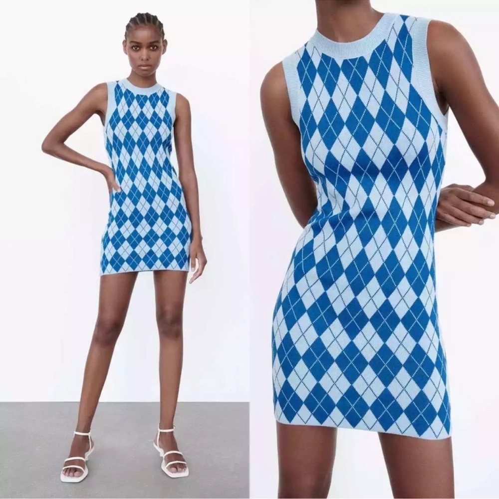 Zara Women’s‎ NWOT Blue Argyle Sweater Knit Mini Dress Size Medium